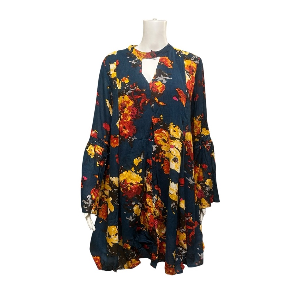 California Moonrise Blue Bold Colorful Floral Bell Sleeve Mini Dress Size S